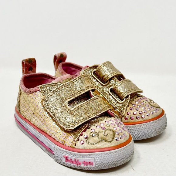 Skechers Girls Twinkle Toes Pink Gold‎ Glitter Hearts Size 5 - Picture 2 of 9